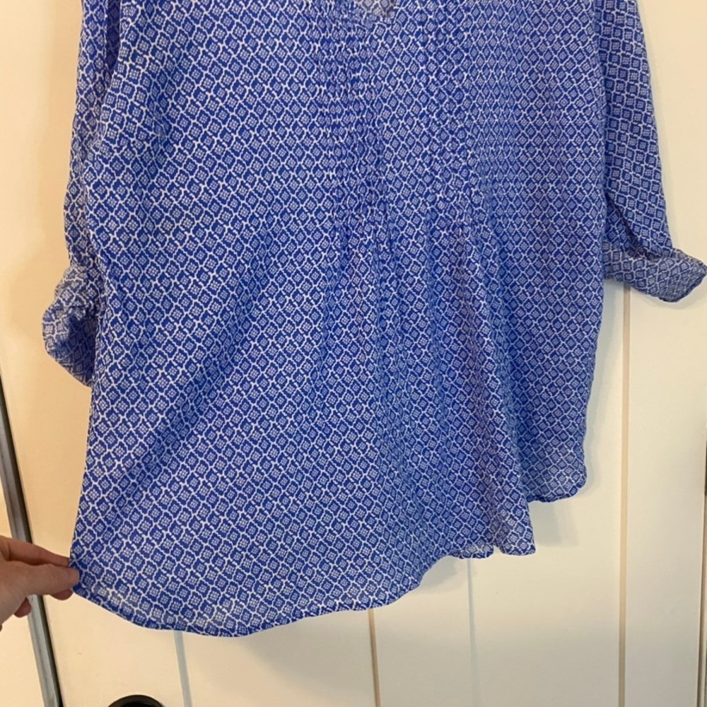 Hester & Orchard XL Blue White Geometric Cotton Roll Tab Pintuck Blouse Boho - Picture 6 of 15